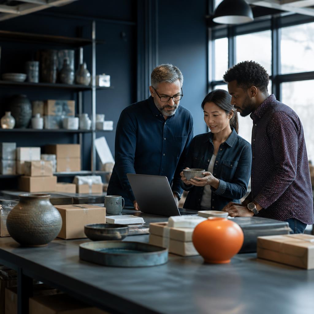 Marketplace operators reviewing products together in a working studio